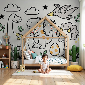 Dinosaur mural wallpaper in modern nursery with wooden crib and natural decor by Kids-Mundo