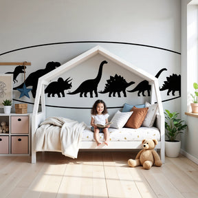 Dinosaur silhouette mural wallpaper creating prehistoric themed nursery decor by Kids-Mundo