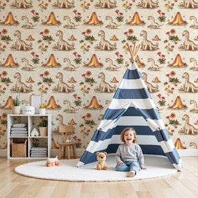 Dinosaur mural wallpaper creating prehistoric adventure theme in modern children's nursery by Kids-Mundo