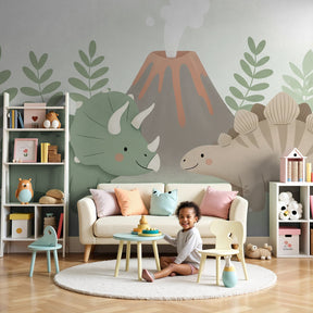 Dinosaur mural wallpaper with Triceratops and volcano in modern nursery by Kids-Mundo