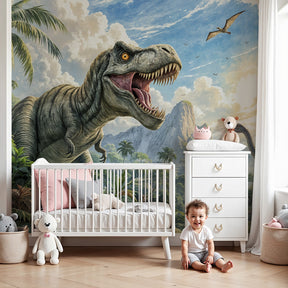 Dinosaur mural wallpaper with T-rex and brachiosaur in modern nursery by Kids-Mundo