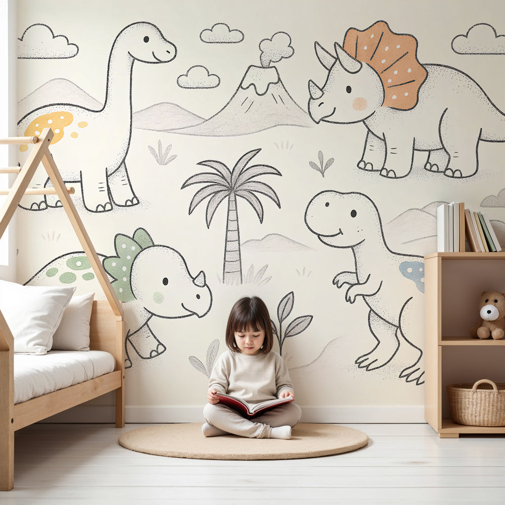 Happy dinosaur mural wallpaper in modern nursery with wooden furniture by Kids-Mundo