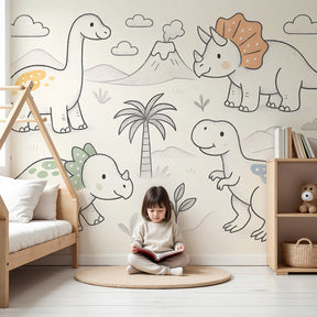 Happy dinosaur mural wallpaper in modern nursery with wooden furniture by Kids-Mundo