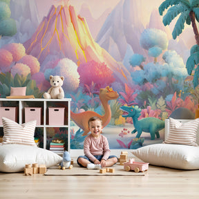 Dinosaur mural wallpaper creating prehistoric adventure theme in modern kids nursery by Kids-Mundo