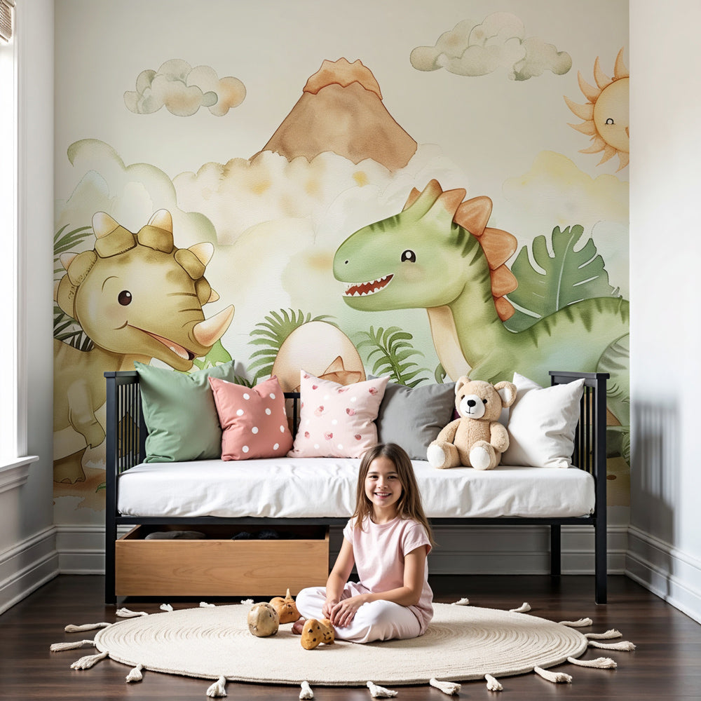 Dinosaur mural wallpaper in modern nursery with prehistoric jungle theme by Kids-Mundo