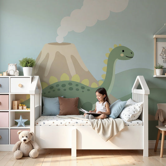 Happy dinosaur mural wallpaper with volcano scene decorating modern children's nursery by Kids-Mundo