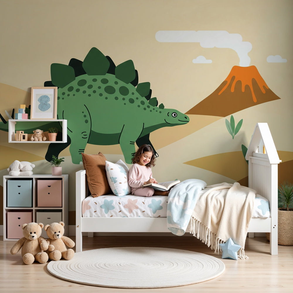 Dinosaur volcano mural wallpaper in modern nursery with soft green tones by Kids-Mundo