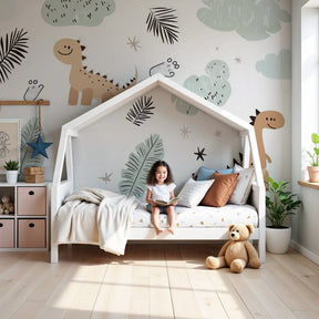 Cute dinosaur mural wallpaper in modern nursery with natural wood crib by Kids-Mundo