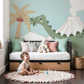 Dinosaur mural wallpaper creating prehistoric adventure theme in modern kids bedroom by Kids-Mundo