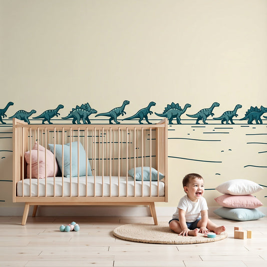 Happy dinosaur parade mural wallpaper in modern nursery room by Kids-Mundo