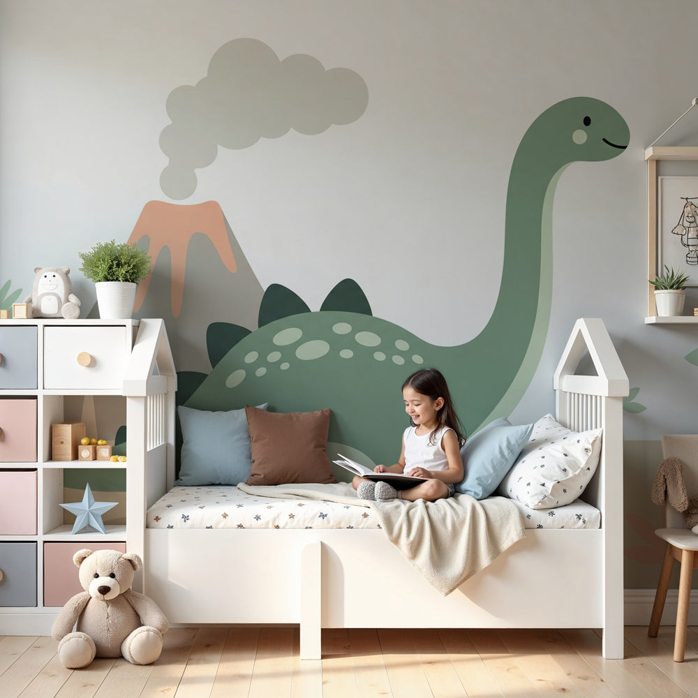 Dinosaur volcano mural wallpaper creating prehistoric adventure theme in modern kids nursery by Kids-Mundo