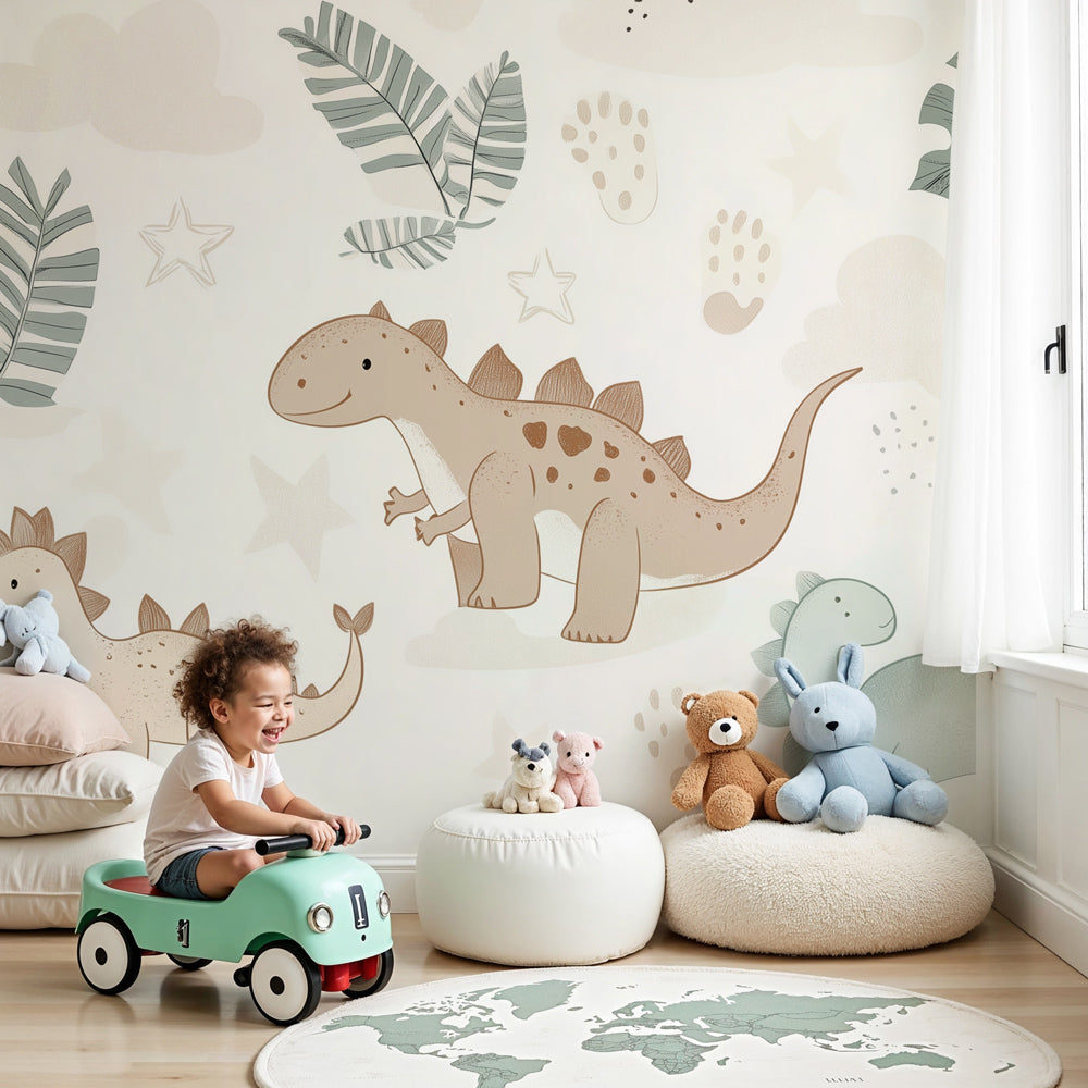 Cute dinosaur mural wallpaper in pastel nursery setting with botanical elements by Kids-Mundo