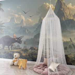 Prehistoric landscape wallpaper transforming children's playroom with educational dinosaur theme