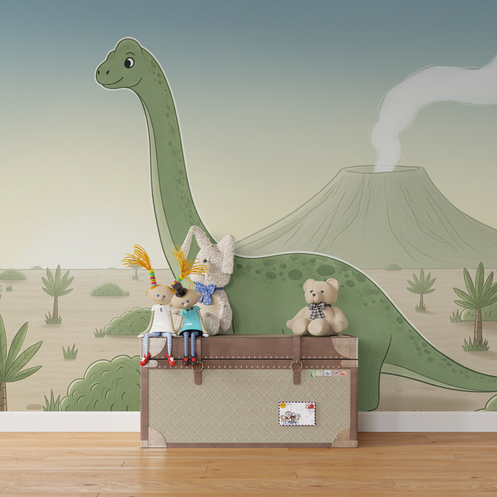 Cheerful dinosaur mural wallpaper transforming kids playroom into prehistoric landscape adventure