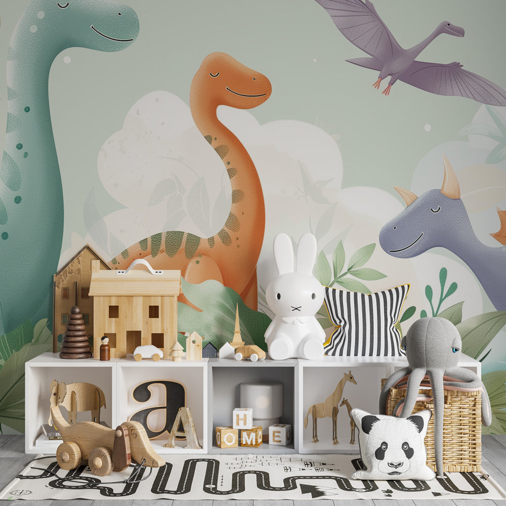 Vibrant prehistoric dinosaur mural wallpaper creating educational play space for kids