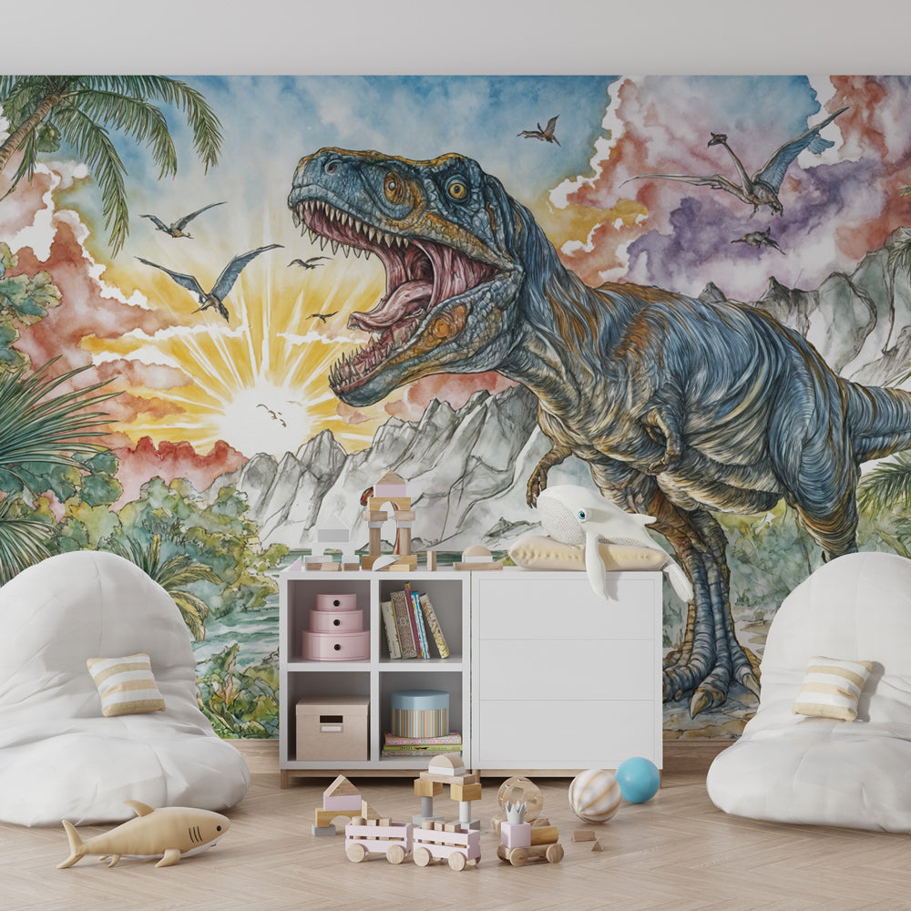 Adventure dinosaur mural wallpaper inspiring imagination in children's playroom with vibrant colors