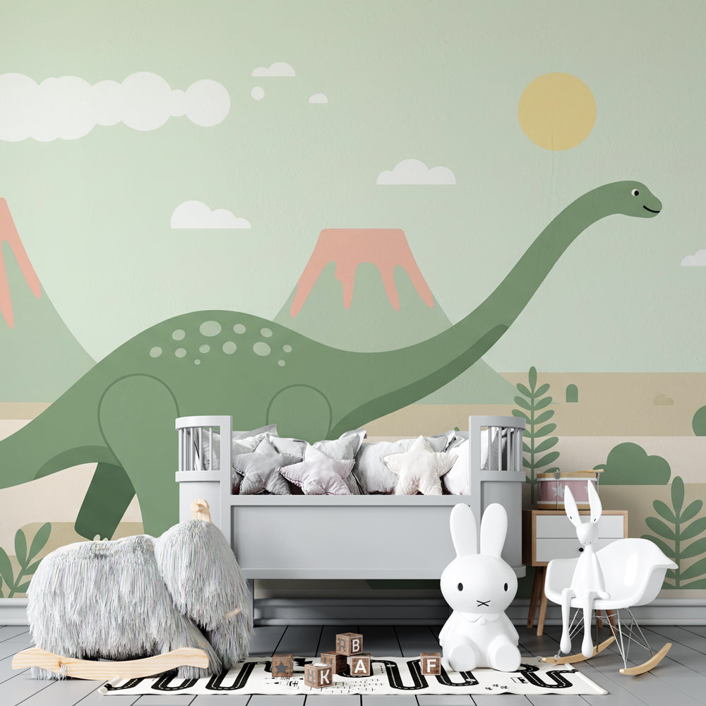 Prehistoric themed mural wallpaper for kids playroom featuring gentle dinosaur character