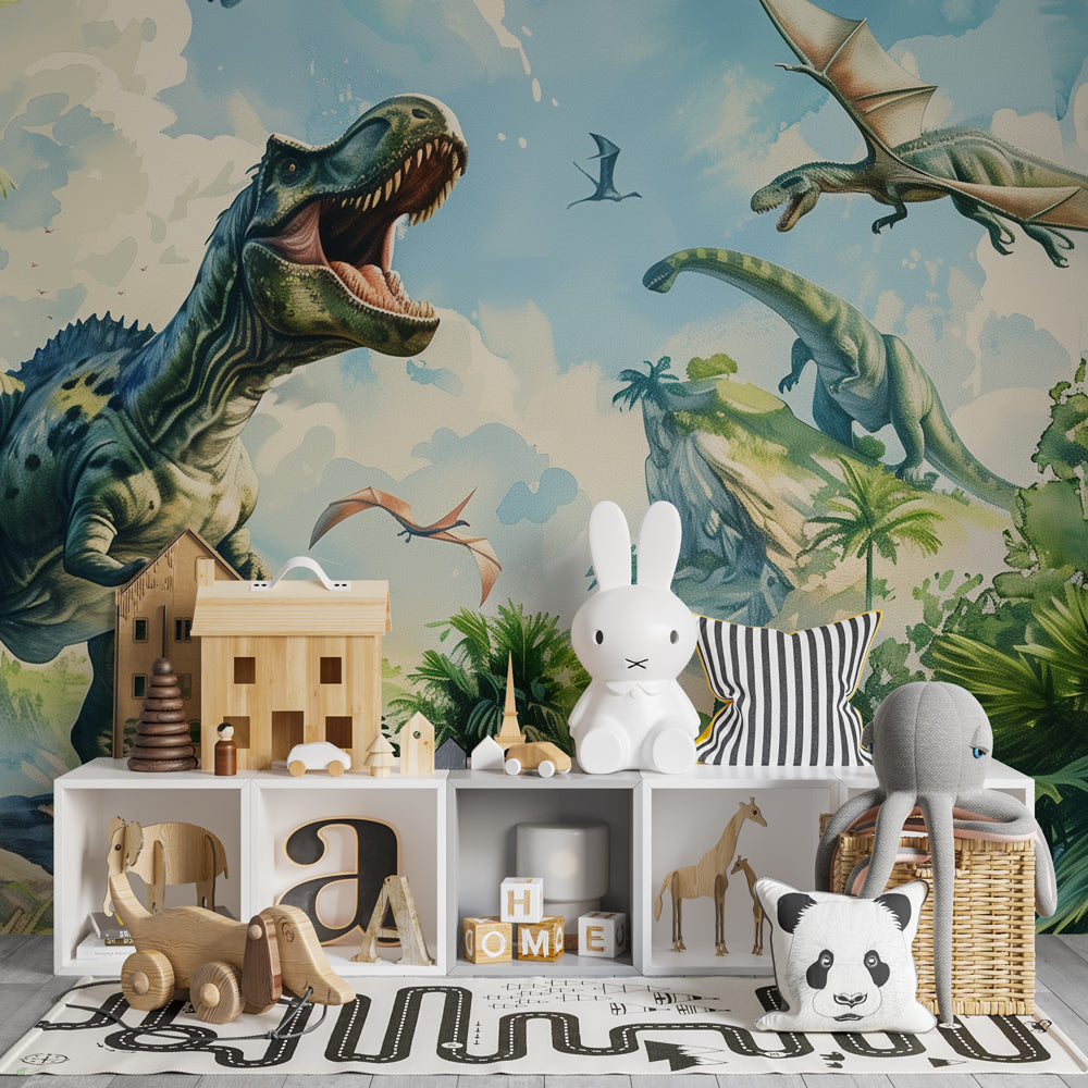 T-Rex adventure mural wallpaper transforming children's playroom into prehistoric world
