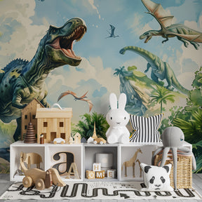 T-Rex adventure mural wallpaper transforming children's playroom into prehistoric world