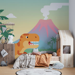 Prehistoric dinosaur wallpaper creating educational playroom environment with tropical landscape design