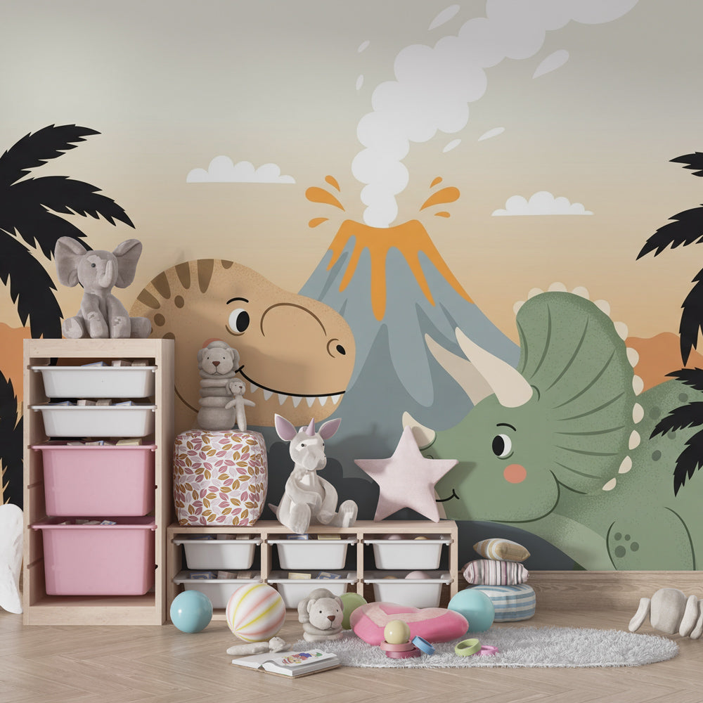 Colorful dinosaur mural wallpaper transforming kids playroom with T-Rex and triceratops design