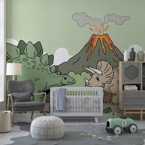 Stegosaurus and triceratops mural wallpaper transforming kids playroom into prehistoric world