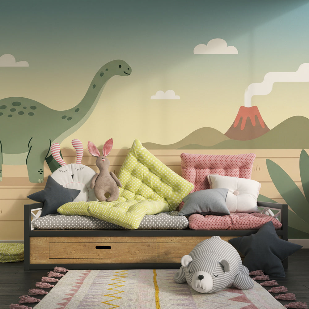 Cheerful dinosaur mural wallpaper with volcano backdrop creating imaginative playroom environment