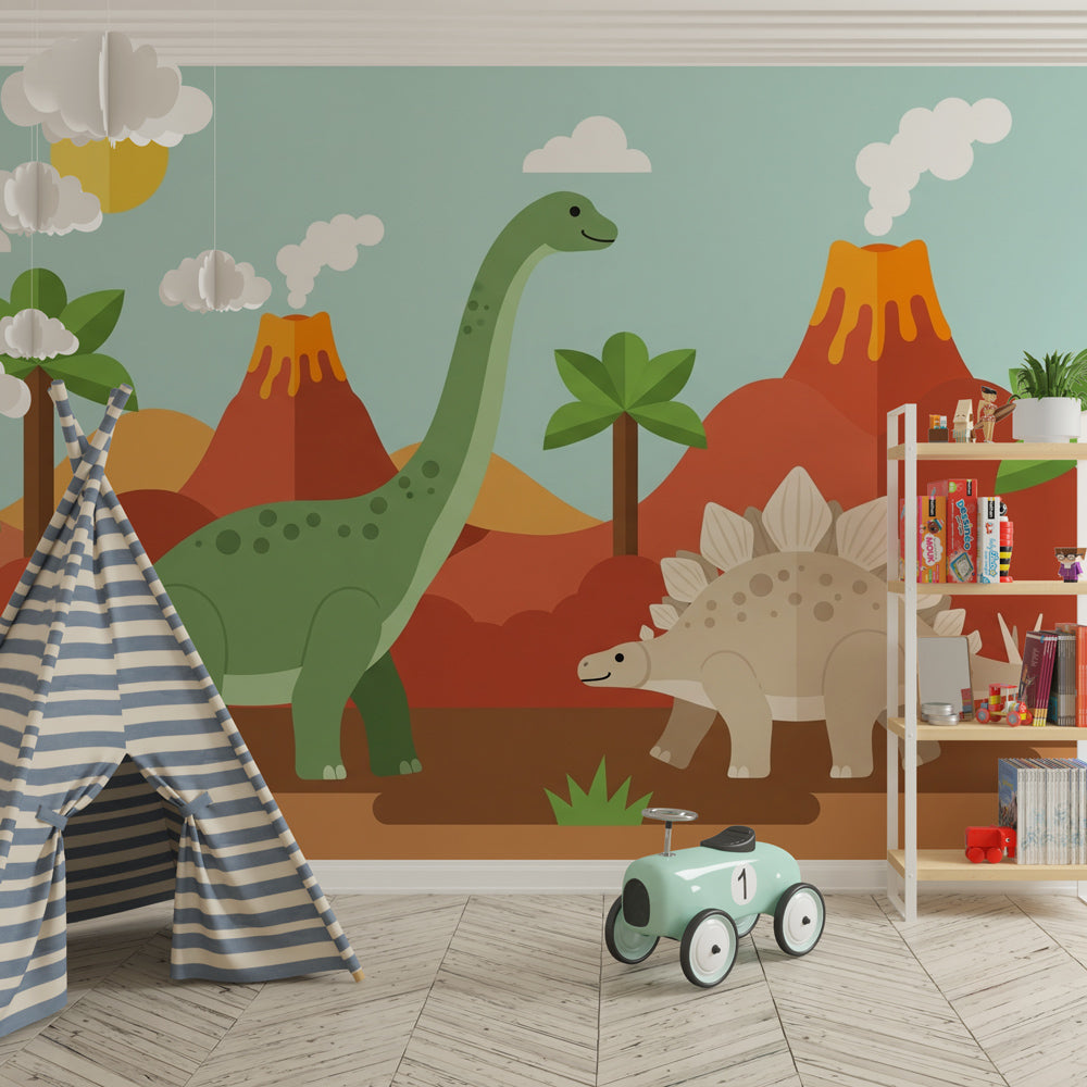 Brontosaurus and stegosaurus mural wallpaper transforming children's playroom space
