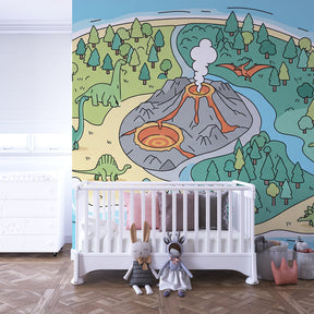 Colorful dinosaur mural wallpaper transforming children's playroom into prehistoric world