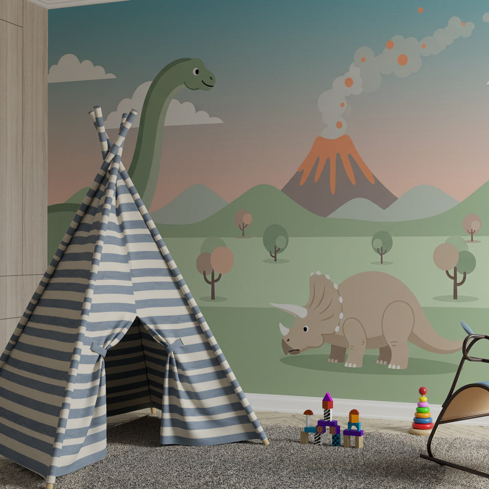 Children's dinosaur wallpaper transforming playroom into prehistoric adventure space