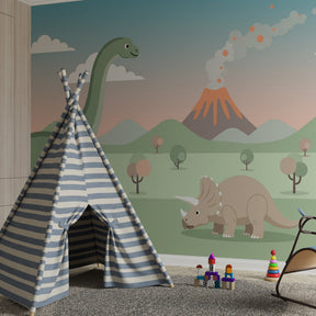 Children's dinosaur wallpaper transforming playroom into prehistoric adventure space