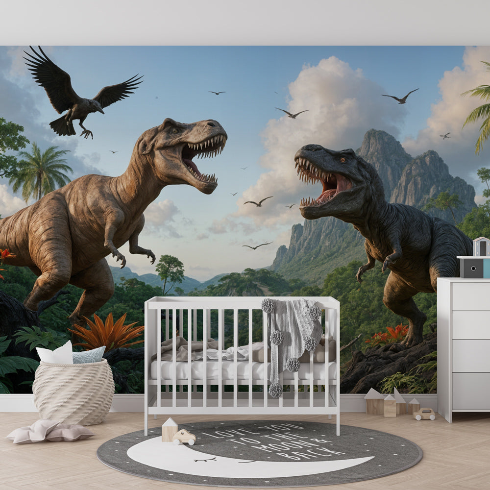 Prehistoric dinosaur wallpaper transforming kids playroom into Jurassic adventure space