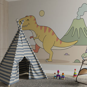 Friendly dinosaur mural wallpaper transforming playroom into prehistoric adventure space