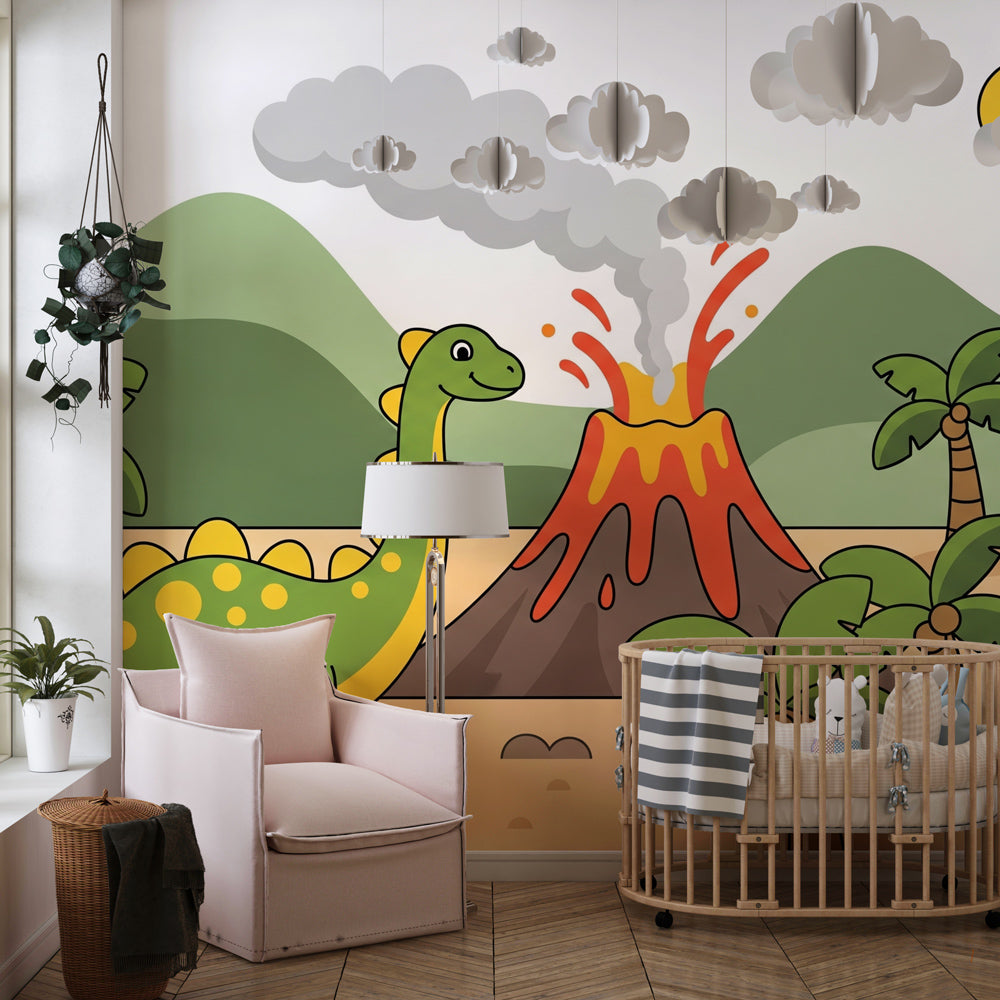 Adventure-themed dinosaur mural wallpaper in colorful children's playroom setting by Kids-Mundo