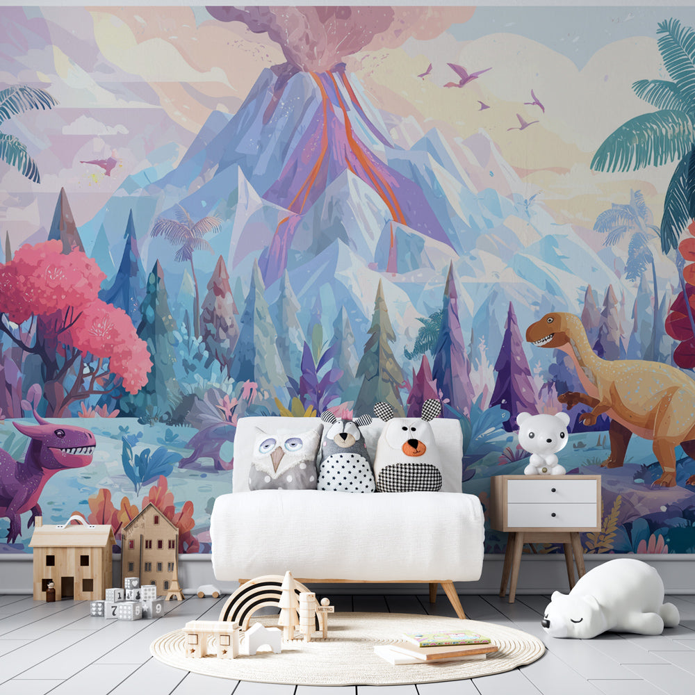 Volcanic dinosaur jungle mural wallpaper transforming children's playroom into prehistoric world