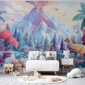 Volcanic dinosaur jungle mural wallpaper transforming children's playroom into prehistoric world