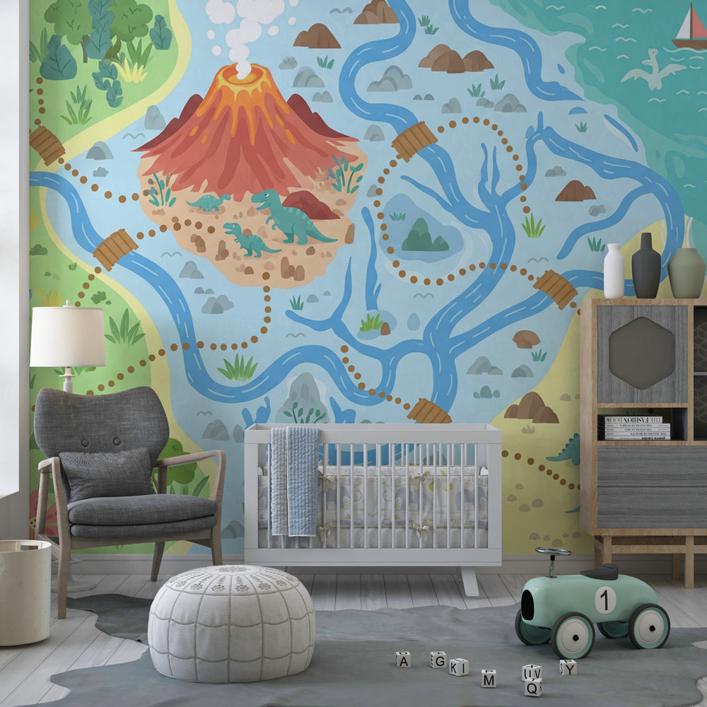 Educational dinosaur mural wallpaper featuring gentle giants in colorful tropical landscape for kids room