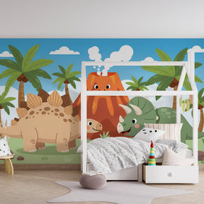 Prehistoric dinosaur mural wallpaper transforming playroom into tropical adventure space
