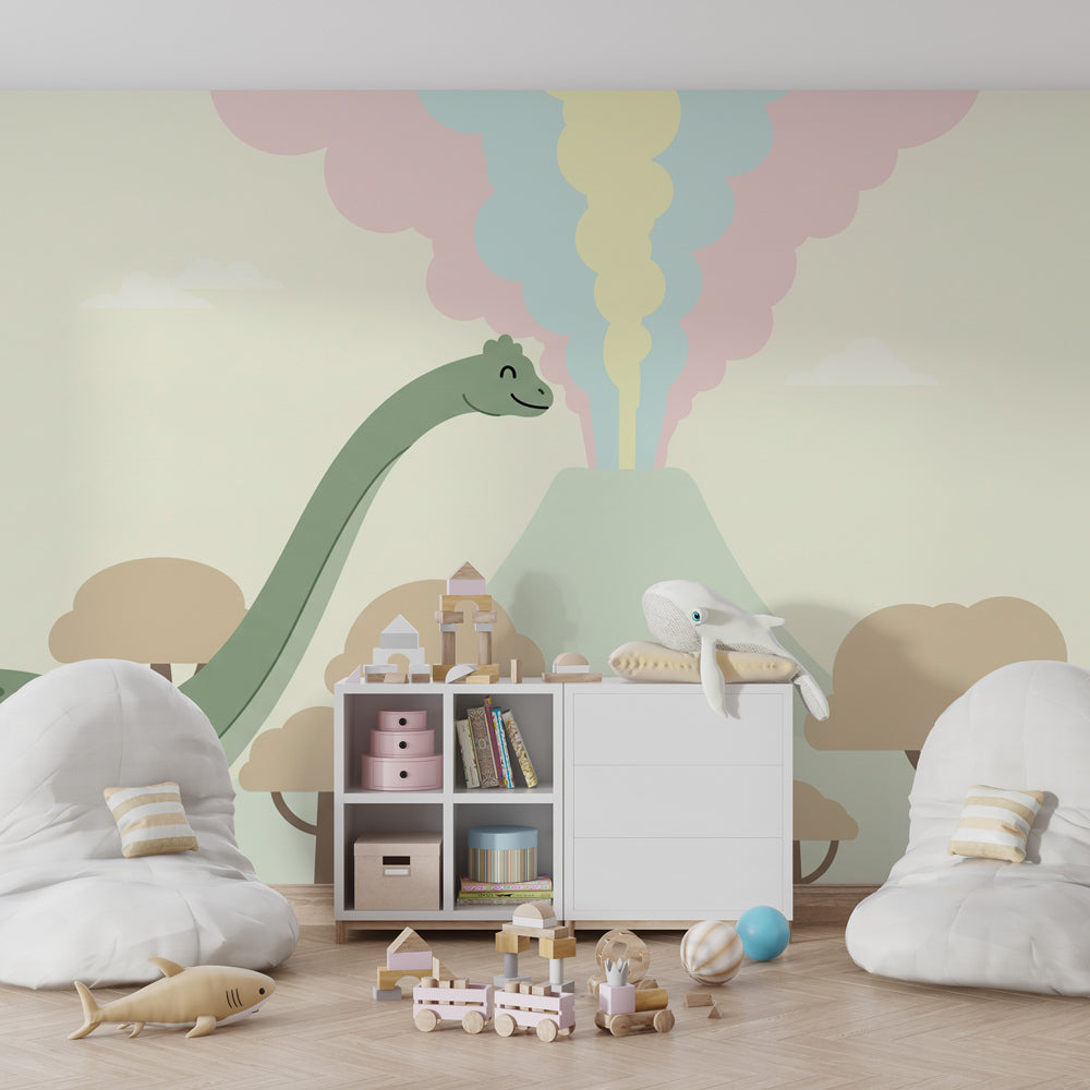 Diplodocus and volcano mural wallpaper transforming children's playroom into prehistoric world