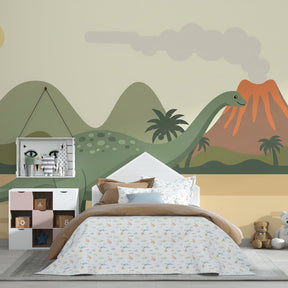 Children's dinosaur mural wallpaper transforming playroom into prehistoric adventure zone