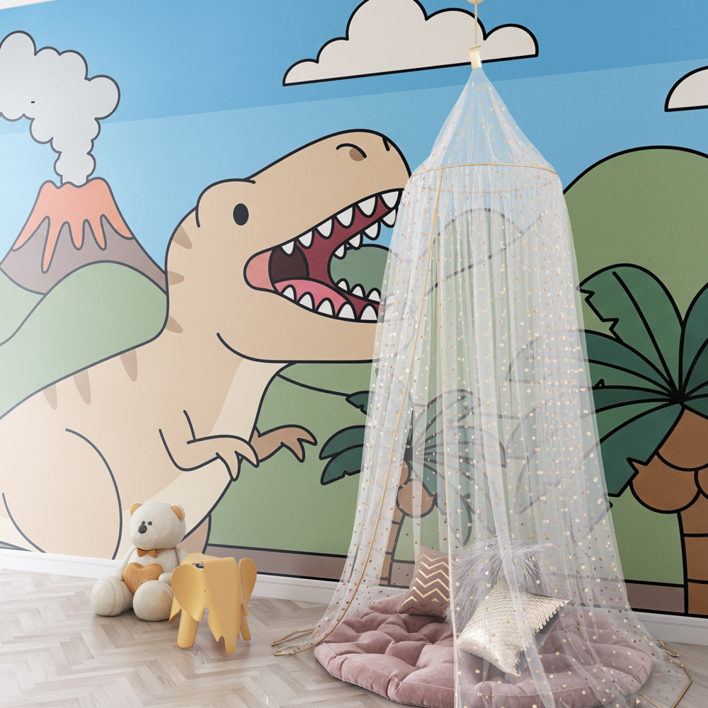 Vibrant T-Rex mural wallpaper inspiring imagination and learning in children's playroom setting