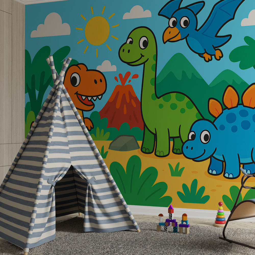 Vibrant dinosaur mural wallpaper transforming kids playroom into prehistoric world
