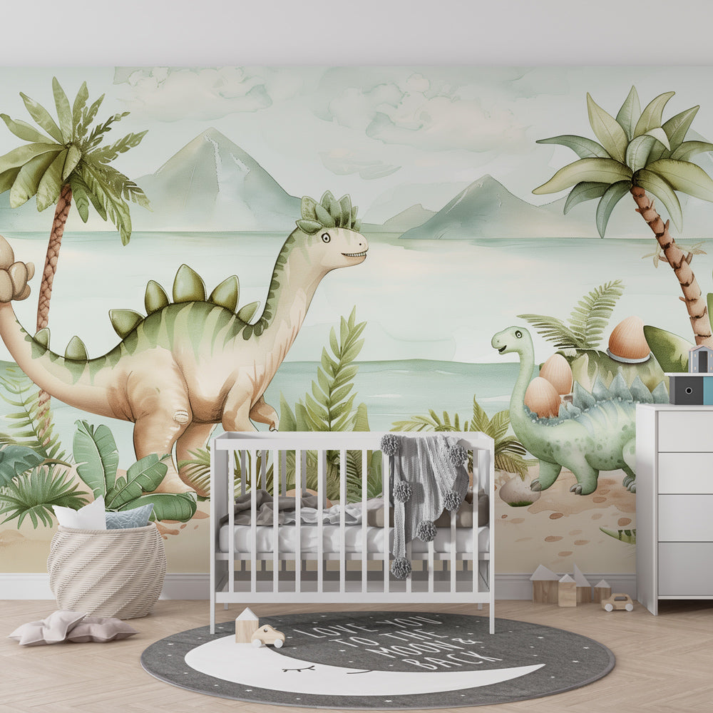 Tropical dinosaur mural wallpaper creating educational playroom environment for kids