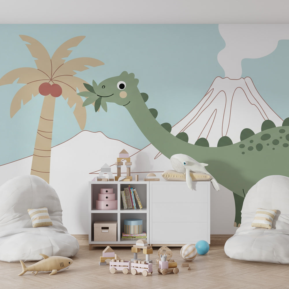 Friendly dinosaur mural wallpaper bringing prehistoric magic to kids playroom by Kids-Mundo