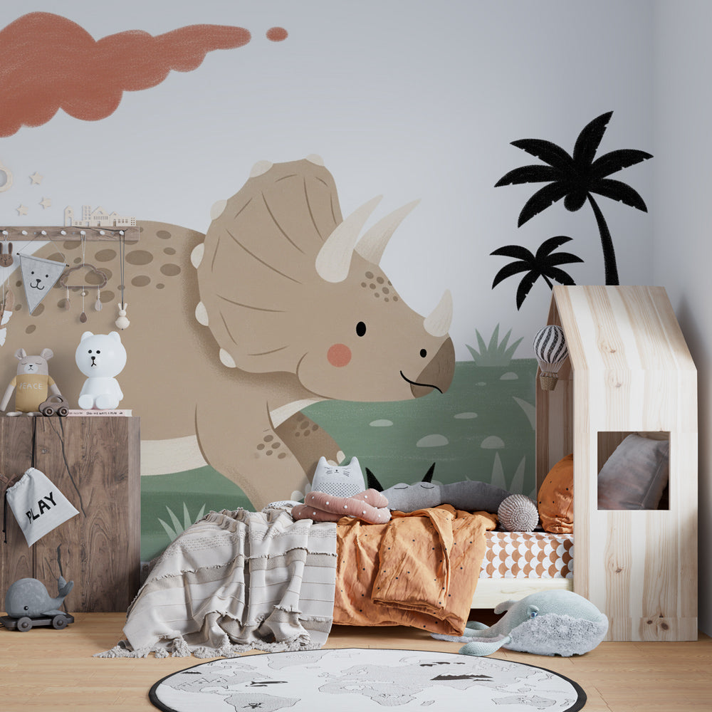 Prehistoric dinosaur wallpaper transforming children's playroom with educational jungle theme