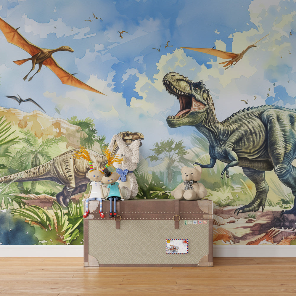 Prehistoric jungle dinosaur wallpaper creating educational playroom environment for kids