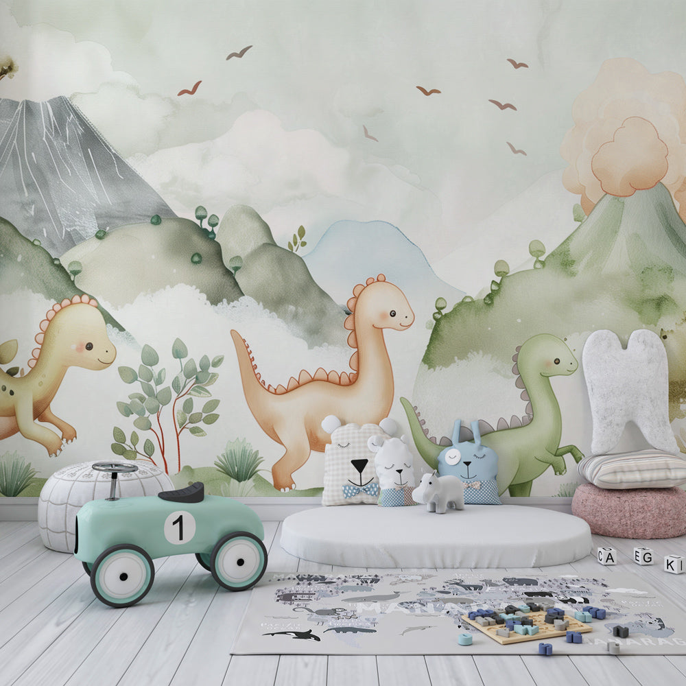 Tropical dinosaur mural wallpaper with volcanoes and forests in modern kids playroom
