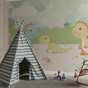 Children's dinosaur wallpaper transforming playroom into enchanted prehistoric landscape