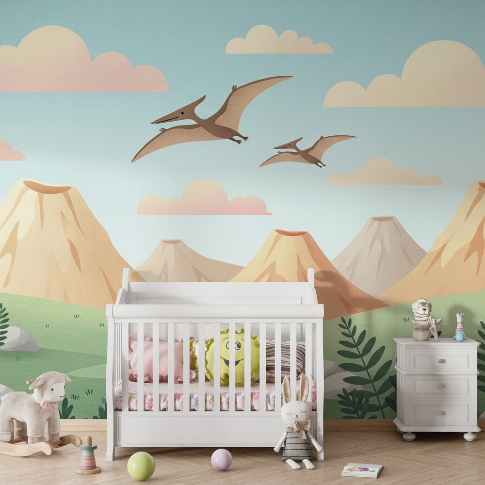 Flying pterosaur wallpaper transforming children's playroom into prehistoric adventure space