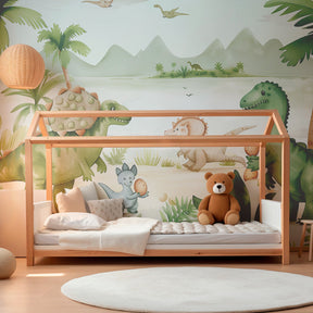 Prehistoric jungle mural wallpaper for kids playroom featuring gentle dinosaurs in lush greenery